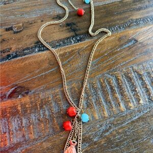 Handmade Gold Tone Necklace with Red and Blue Beads
